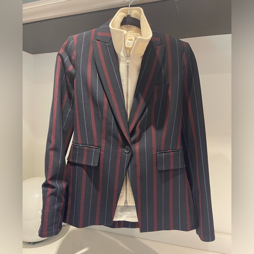 $698 Veronica Beard Carter Dickey jacket blazer navy merlot white stripe size 0 - Picture 6 of 16